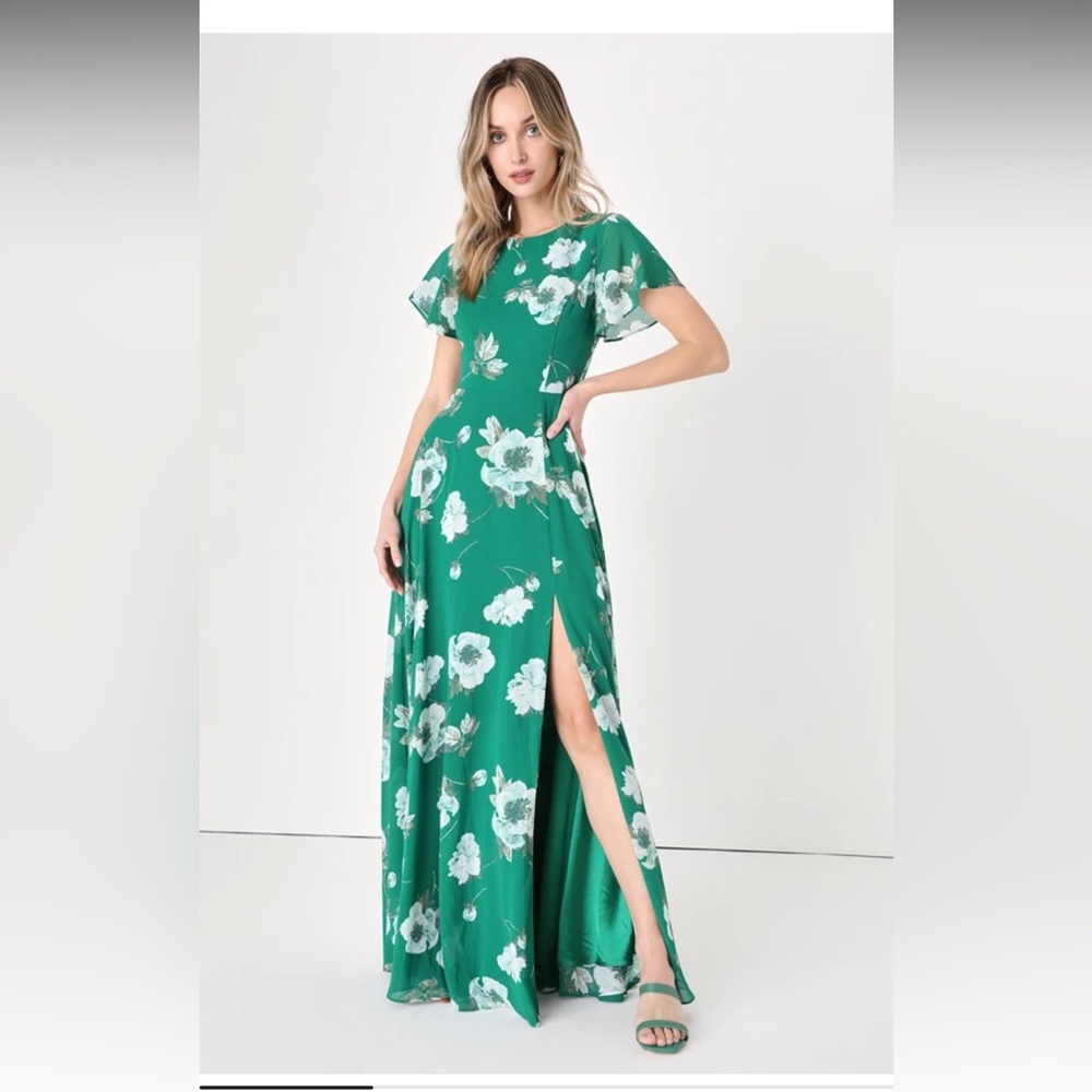 Lulus Green Floral Maxi Dress with Tie-Back